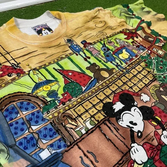 Vintage Disney Sequin Shirt LG Yellow Mickey All Over Print By Joujou Holiday - Picture 2 of 10